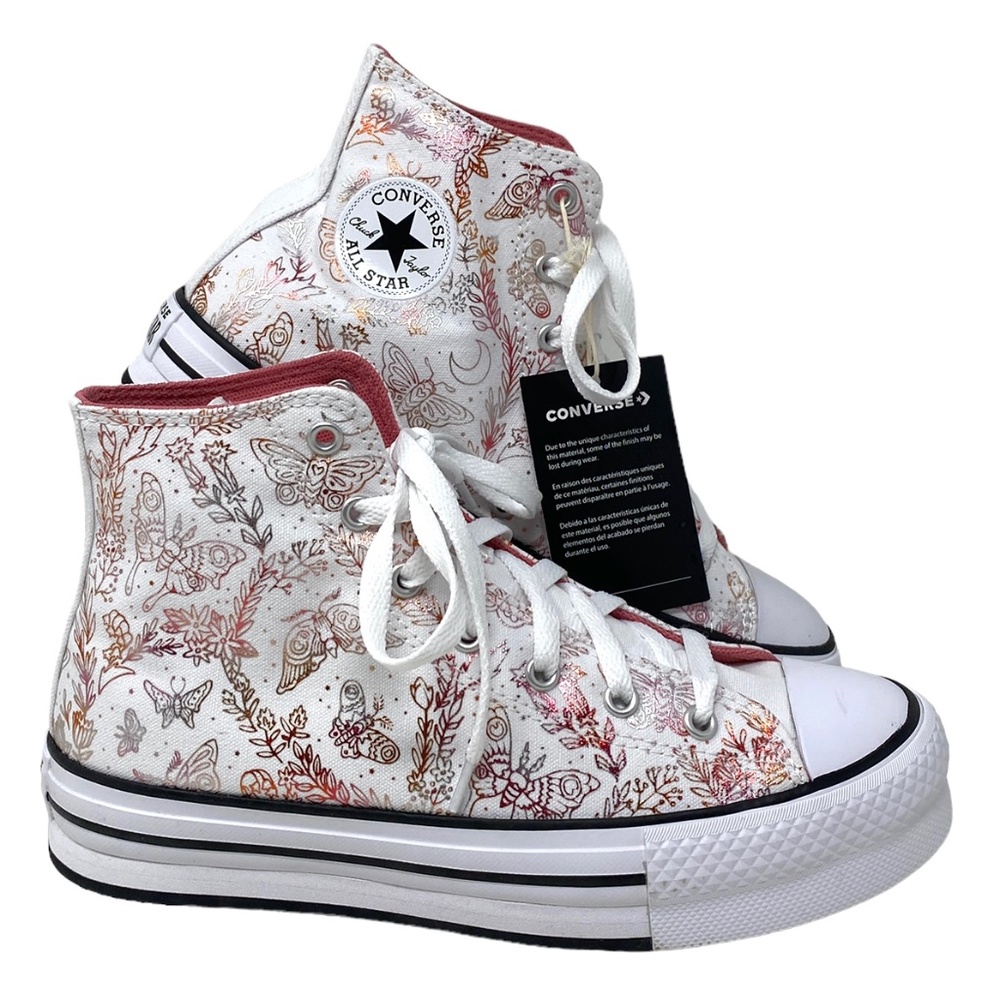 Converse White High Top Sneakers with Pink and Brown Floral Butterfly Print